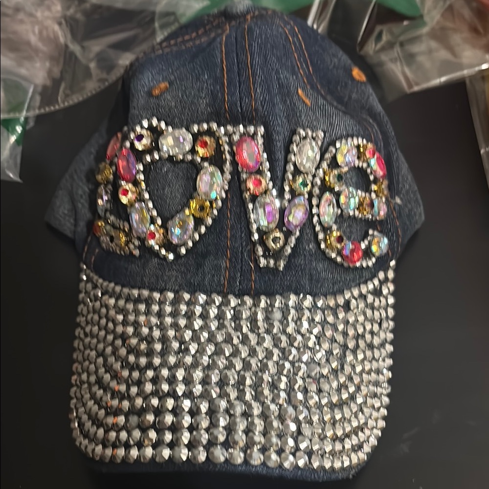 Embellished Denim Cap with Rhinestones